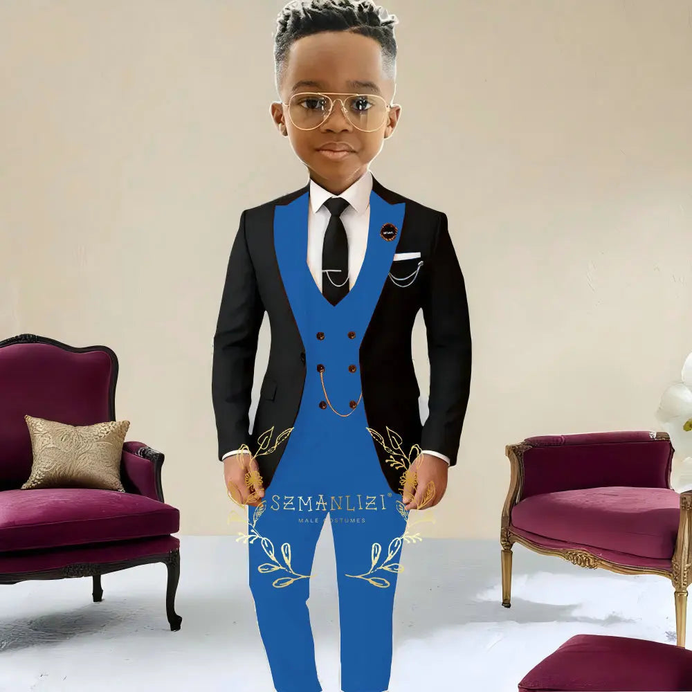 Boys Suit Wedding Tuxedo Black Jacket Beige Pants Vest 3 Pieces Set Kids 2-16 Years Old Child Formal Party Suits Clothes Blazer