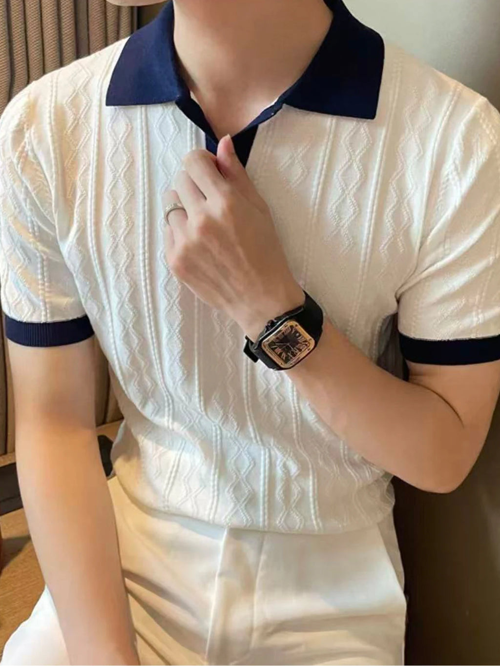 New Men's Slim Fit Polo Shirt Solid Color Elastic Sexy Collar T-shirt Fashionable Casual Top Summer Clothing Comfortable