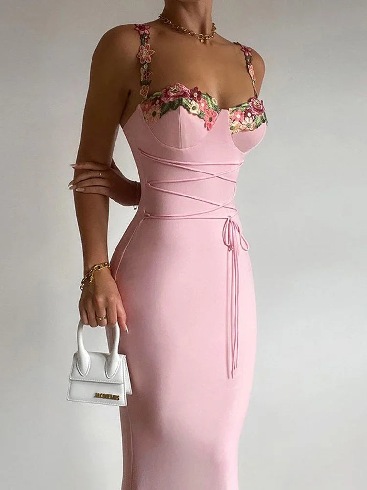 Y2K Sexy Sleeveless Backless Floral Maxi Long Dresses Outfits for Women Summer Lace Up Bandage Bodycon Party Club Dress Gift