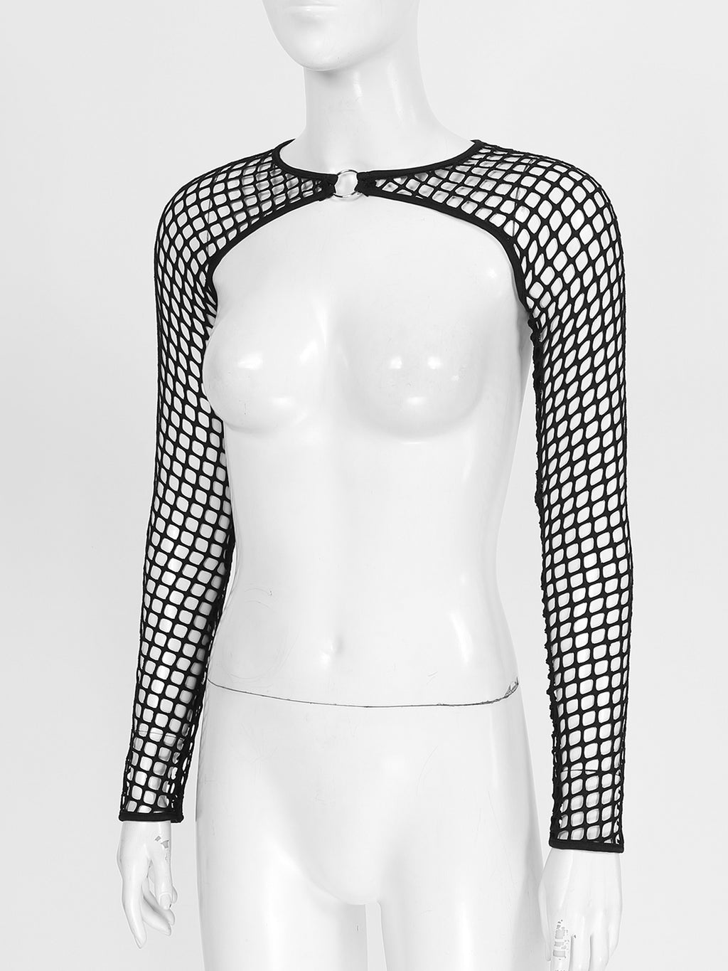 Summer Women T-Shirt Sexy Hip Hop Gothic Female Super-short O Ring Hollow Out Fishnet Long Sleeve Crop Tops Rave Party Clubwear