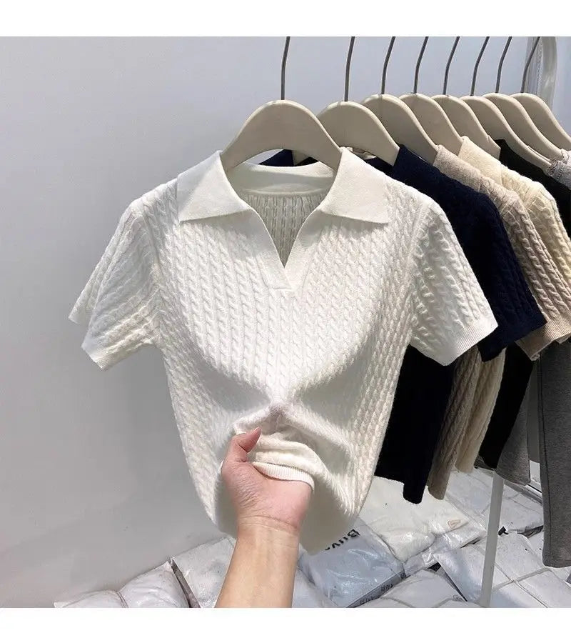 Polo Neck Knit Sweater Women Short Sleeve T-shirt High-end Slim Korean Chic High-end Tops Patchwork Women Clothing Thin Pullover