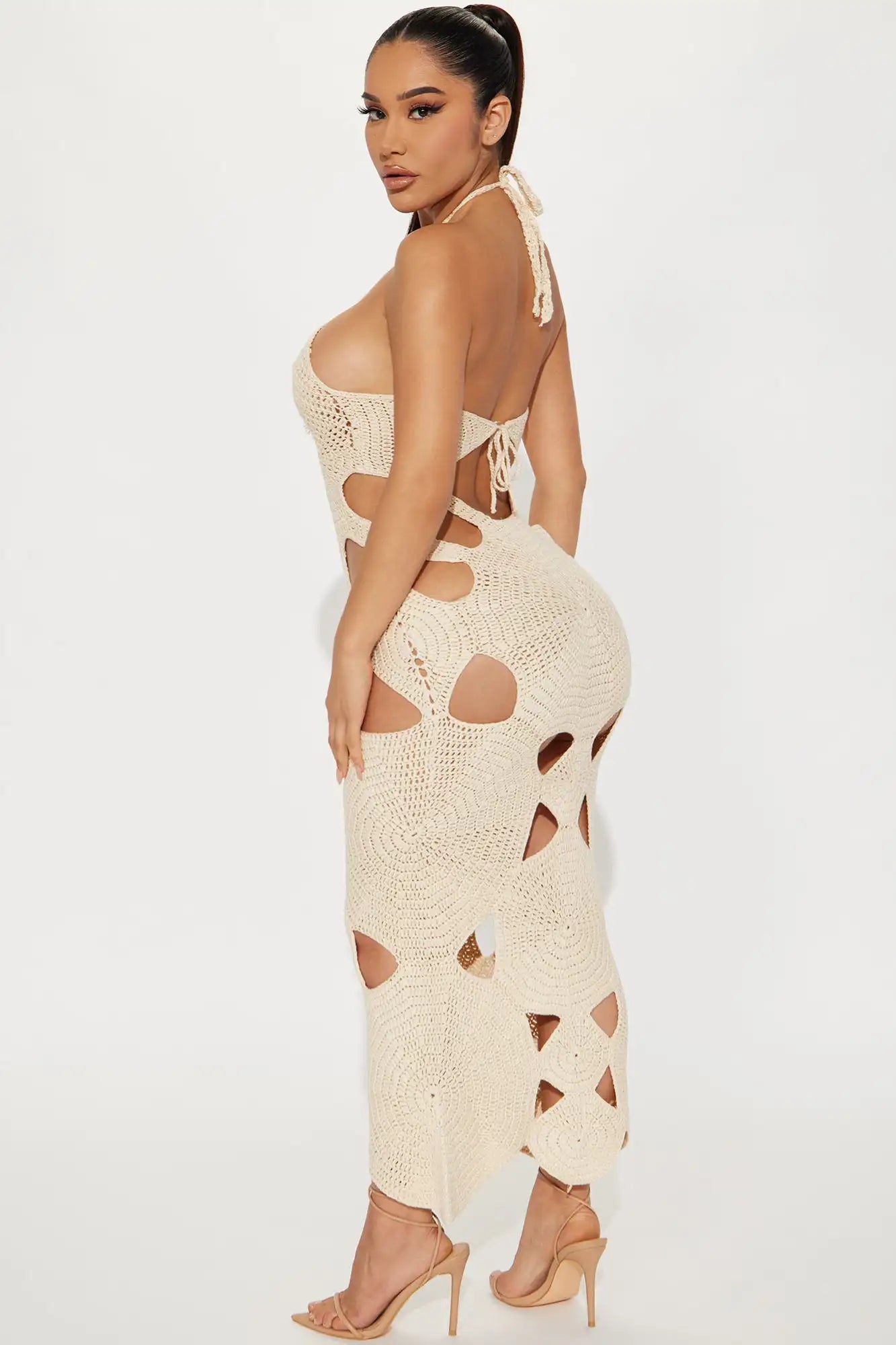 Bungalow Handmade Crochet Midi Dress Cream For Sexy Women Fashion Cut Out Halter Vacation Dress Club Party Hollow Out Dress
