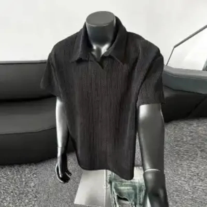 Men Short Sleeve Polo Shirt Herringbone Rib Knit Oversized Casual Top