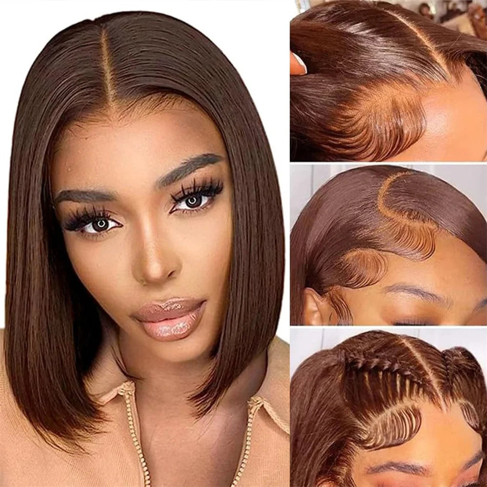 Chocolate Brown Bone Straight Short Bob Wigs 13x4 Lace Front Wigs Human Hair Brazilian Colored Human Hair Bob Wigs 180% Density