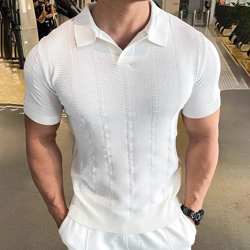 Men's Short Sleeved Knitted Polo Shirt Summer Business Lapel Stylish Solid Color Slim Fit Breathable Quick Drying Golf T-Shirt