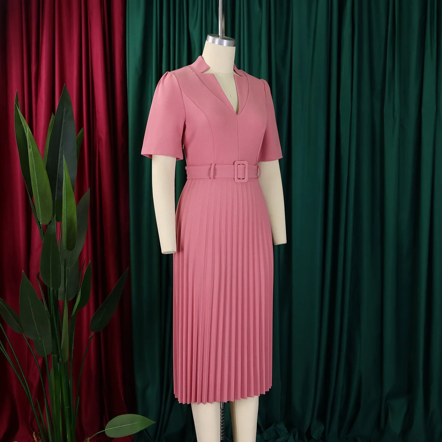 Fashion Ladies Birthday Party Dinner Night Dress New Elegant Pleated Dresses For Women V Neck Short Sleeve Belt Waisted Mid Calf