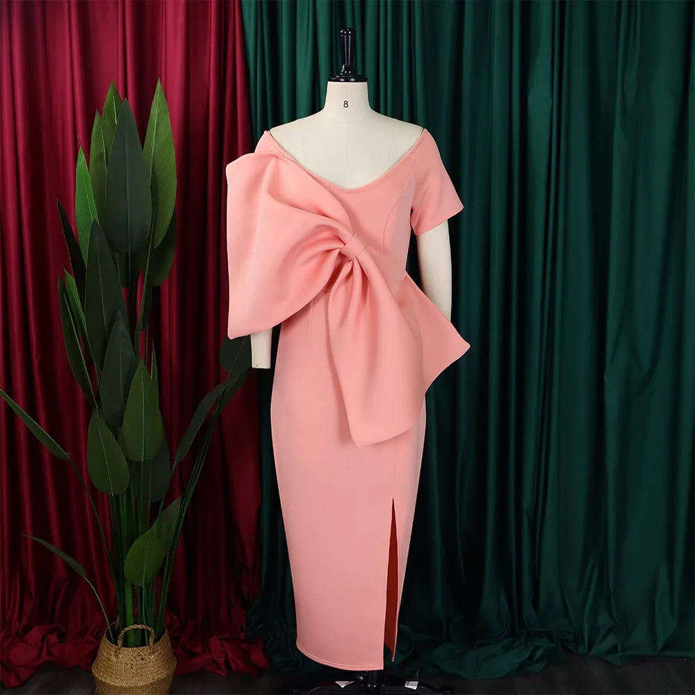 Elegant Party Dresses for Woman 2024 New V Neck Short Sleeve Big Bow Decorate Sheath Side Split Ankle Length Luxury Party Dress