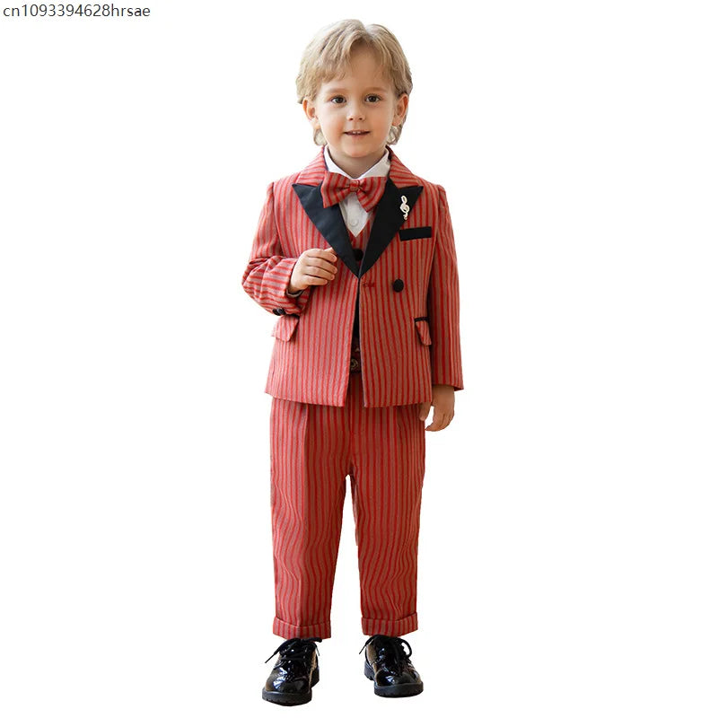 Children Boys Red Luxurious Striped Suit Formal Blazer Vest Pant Boys Suits Outfits Set British Style Handsome Wedding Suit