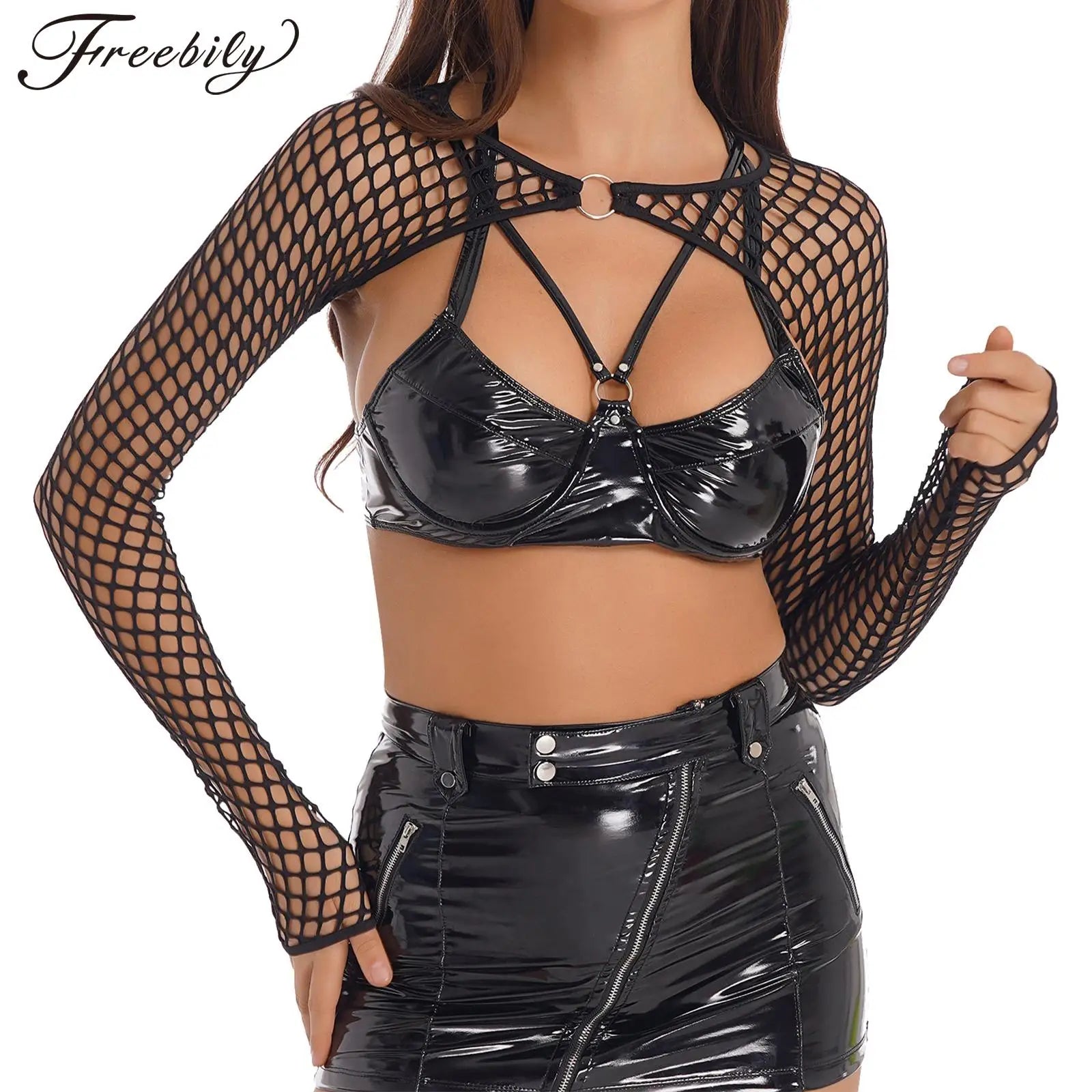 Summer Women T-Shirt Sexy Hip Hop Gothic Female Super-short O Ring Hollow Out Fishnet Long Sleeve Crop Tops Rave Party Clubwear