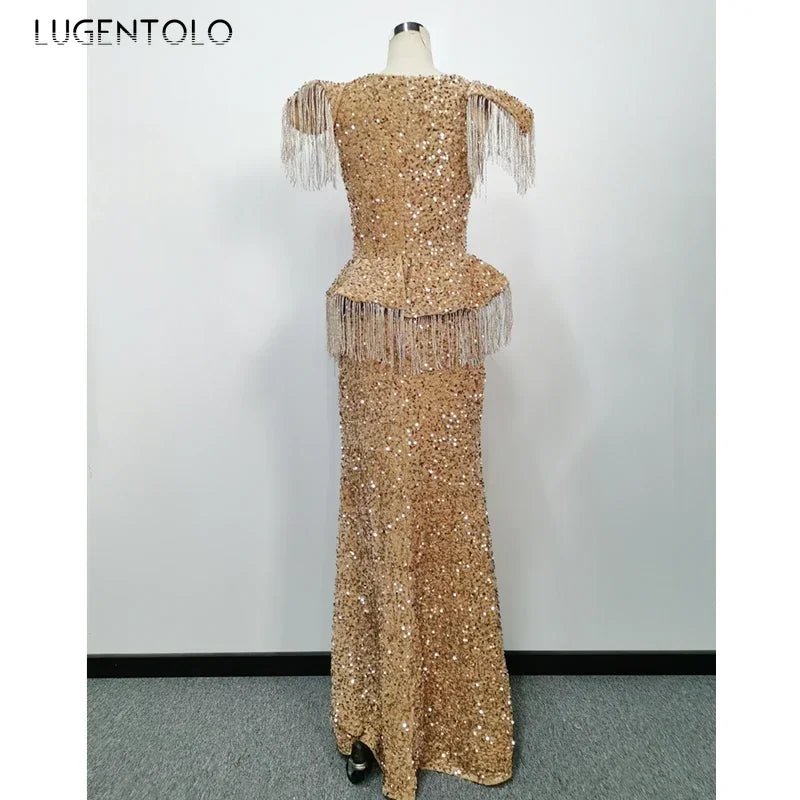 Party Dress Women Spring Autumn Sexy Tassel Sequin Sleeveless O-neck Slim Banquet Dinner Ladies Long Cloth Lugentolo