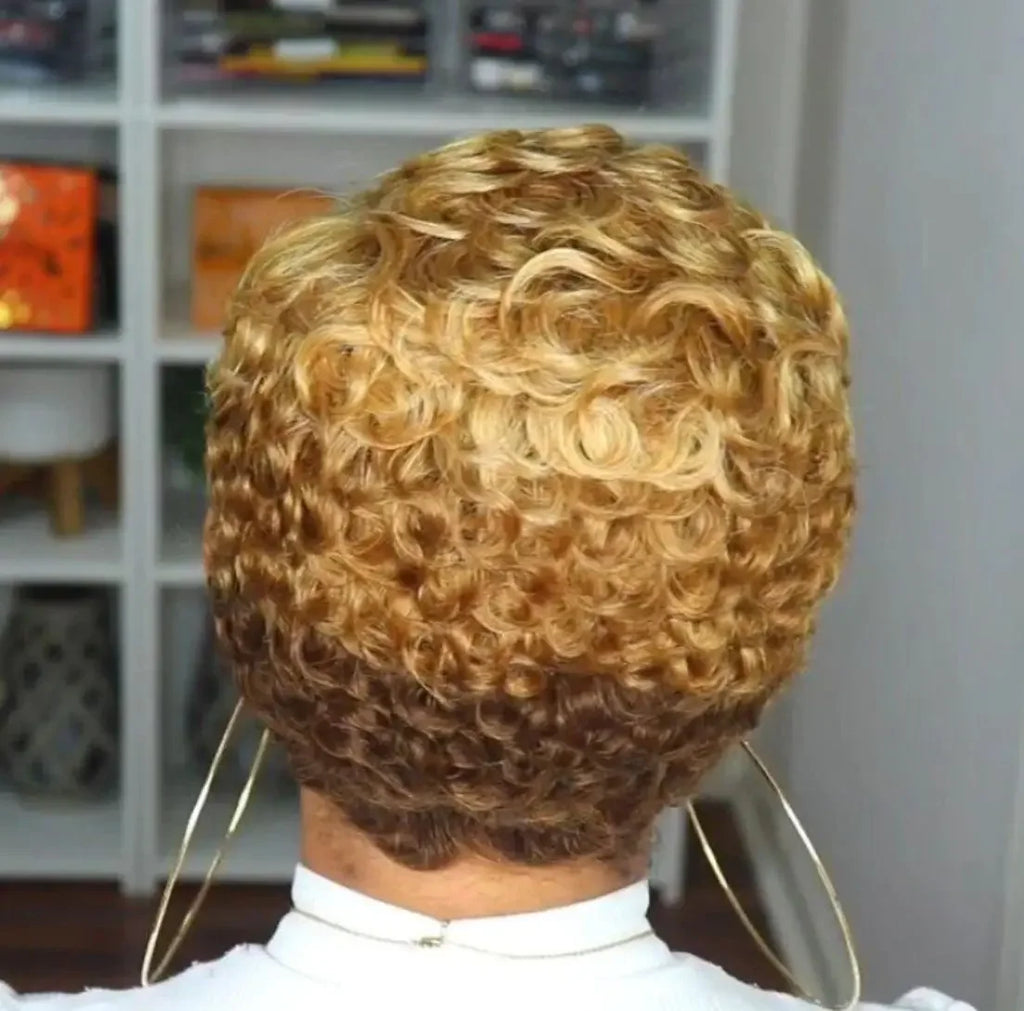 Brazilian Human Hair Wigs Short Afro Curly Wave Machine Made Kinky Curly Wig For Women Pixie Cut Wig Honey Blond Water Deep Wave