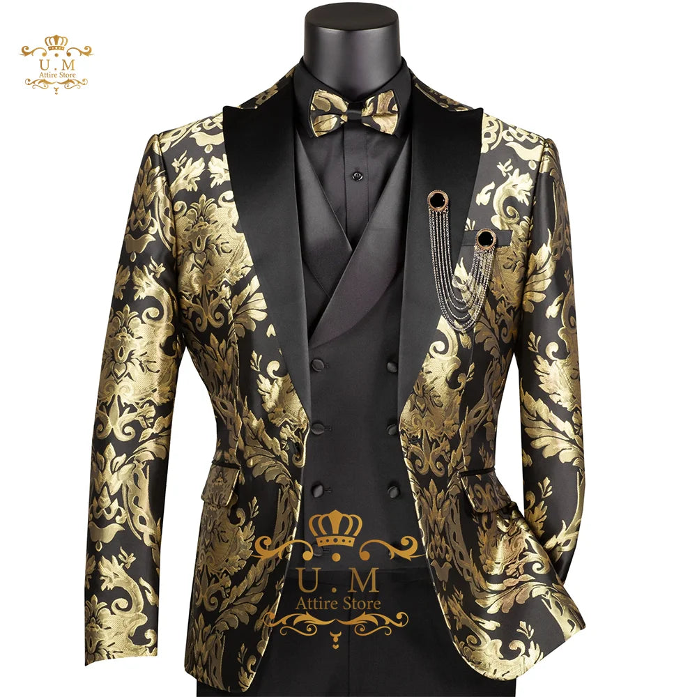Luxury Jacquard Boys Suit 3pcs Set Black Gold Blazer Waistcoat Pants Tailored Fit for Wedding Pageboy Prom Party Kids Tuxedo