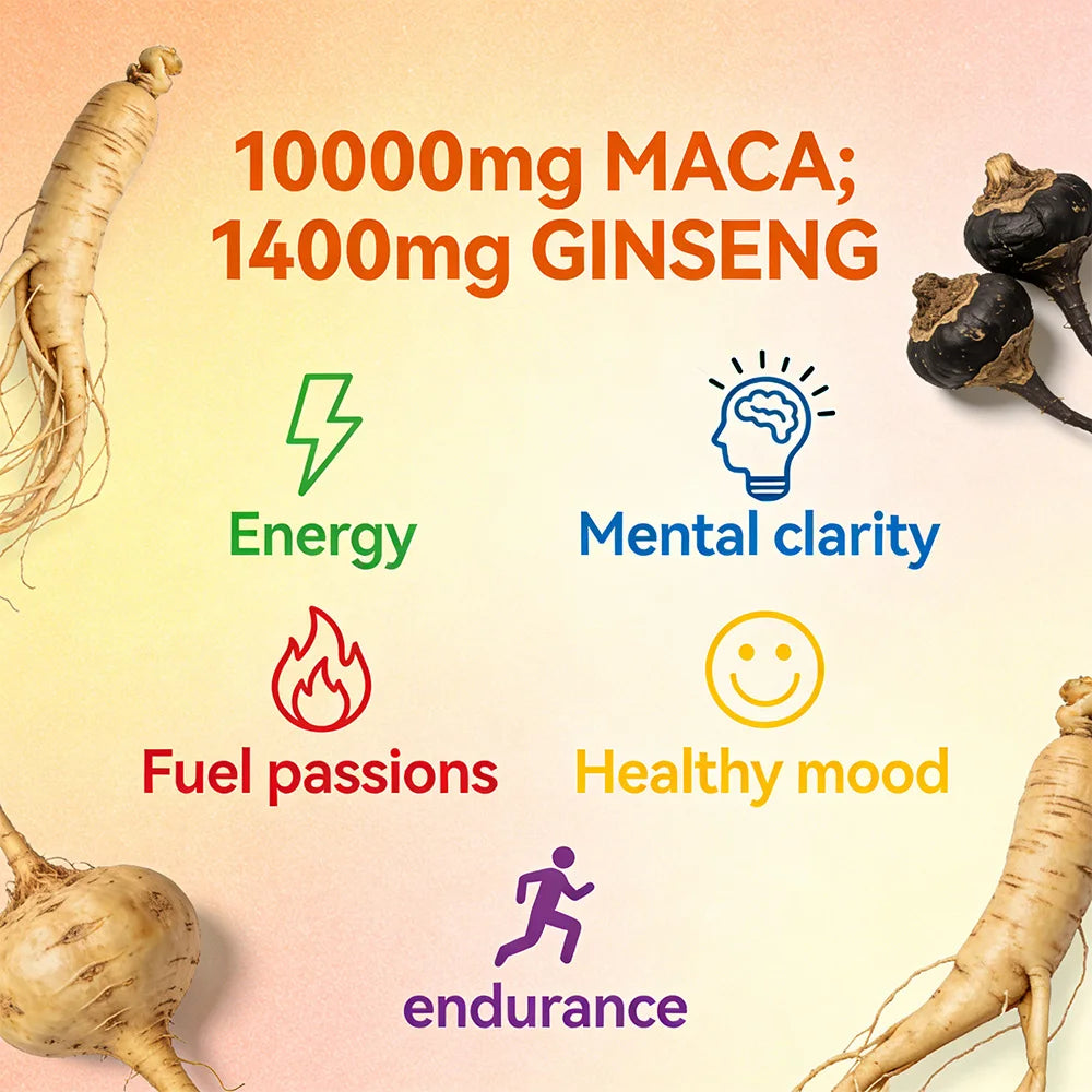 Maca Root Capsules 10000mg with Ginseng, Energy, Muscle, Mood,  Energy, Strength & Men's Health Support, Relieve Fatigue