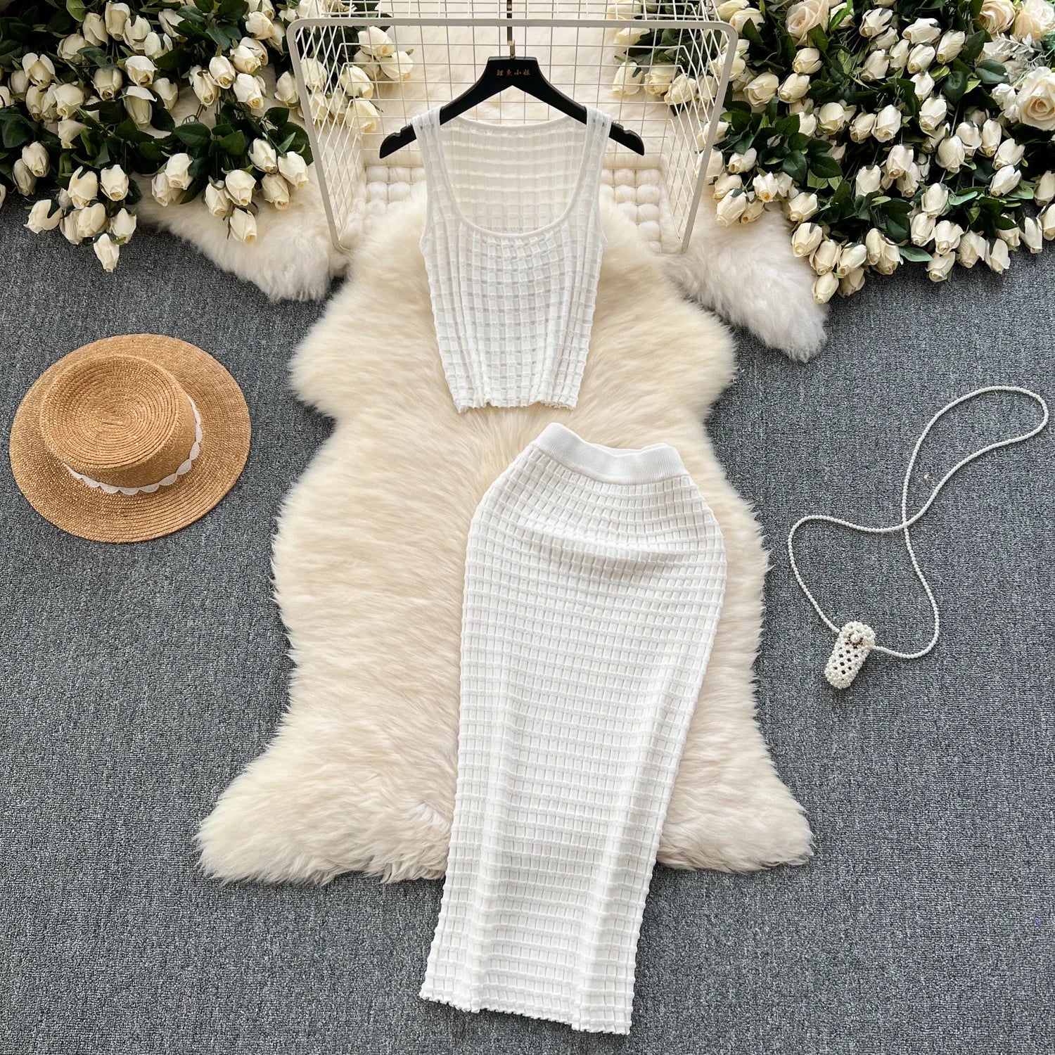 Summer Women Fashion Skirt Set Sexy Sleeveless Tank Tops High Waist Slim Long Saya Female Two Piece Suits Knit Solid Clothes