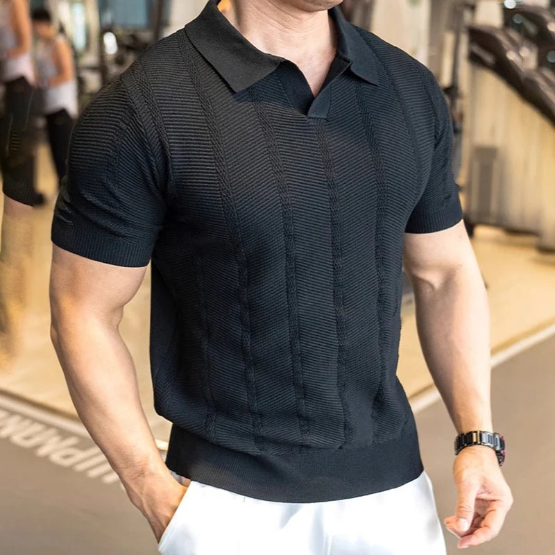 Men's Short Sleeved Knitted Polo Shirt Summer Business Lapel Stylish Solid Color Slim Fit Breathable Quick Drying Golf T-Shirt