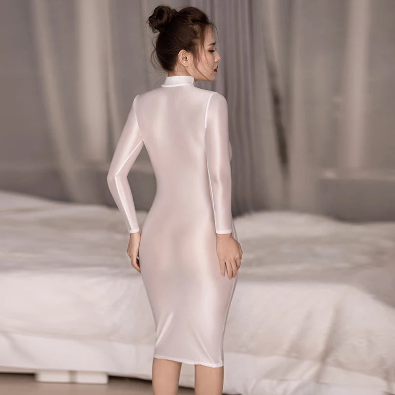 Summer Sexy Dress Women Bodycon Dress Glossy Sheer See Through Shiny Silk Smooth Tight Long Sleeves White Dress Red Plus Size