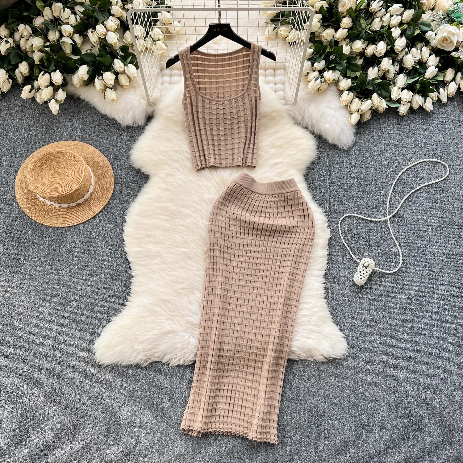 Summer Women Fashion Skirt Set Sexy Sleeveless Tank Tops High Waist Slim Long Saya Female Two Piece Suits Knit Solid Clothes