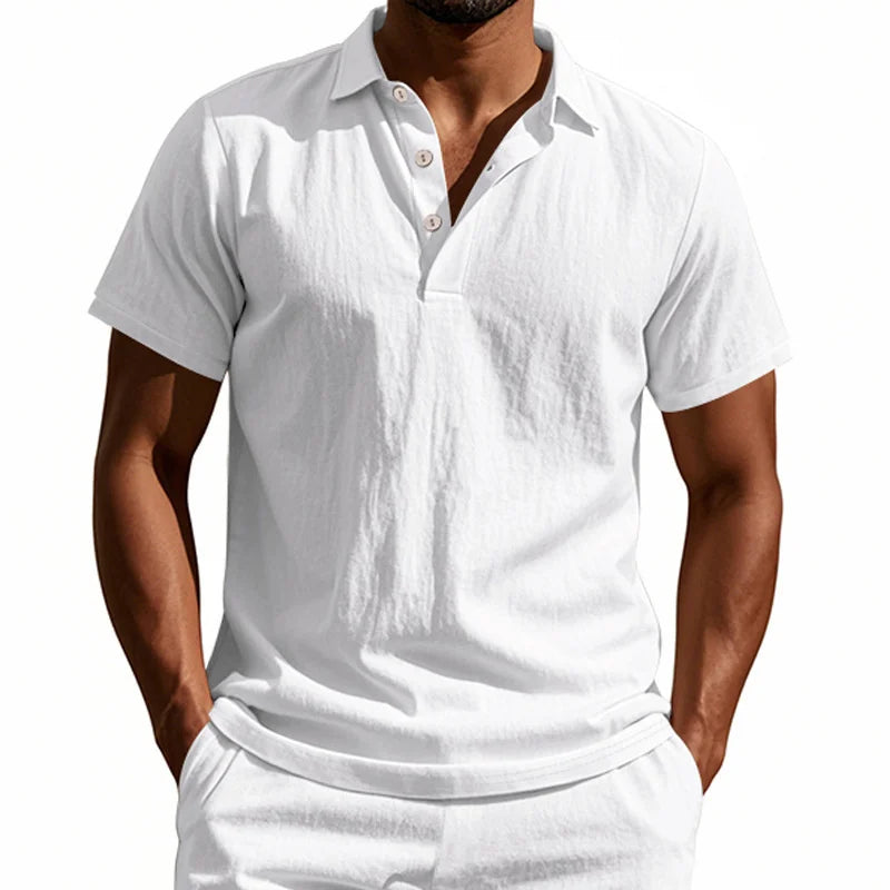 High-Quality Cotton Linen Short-Sleeved POLO Shirt Men Casual Loose Comfortable Shirt summer tees Button turn-down collar tops