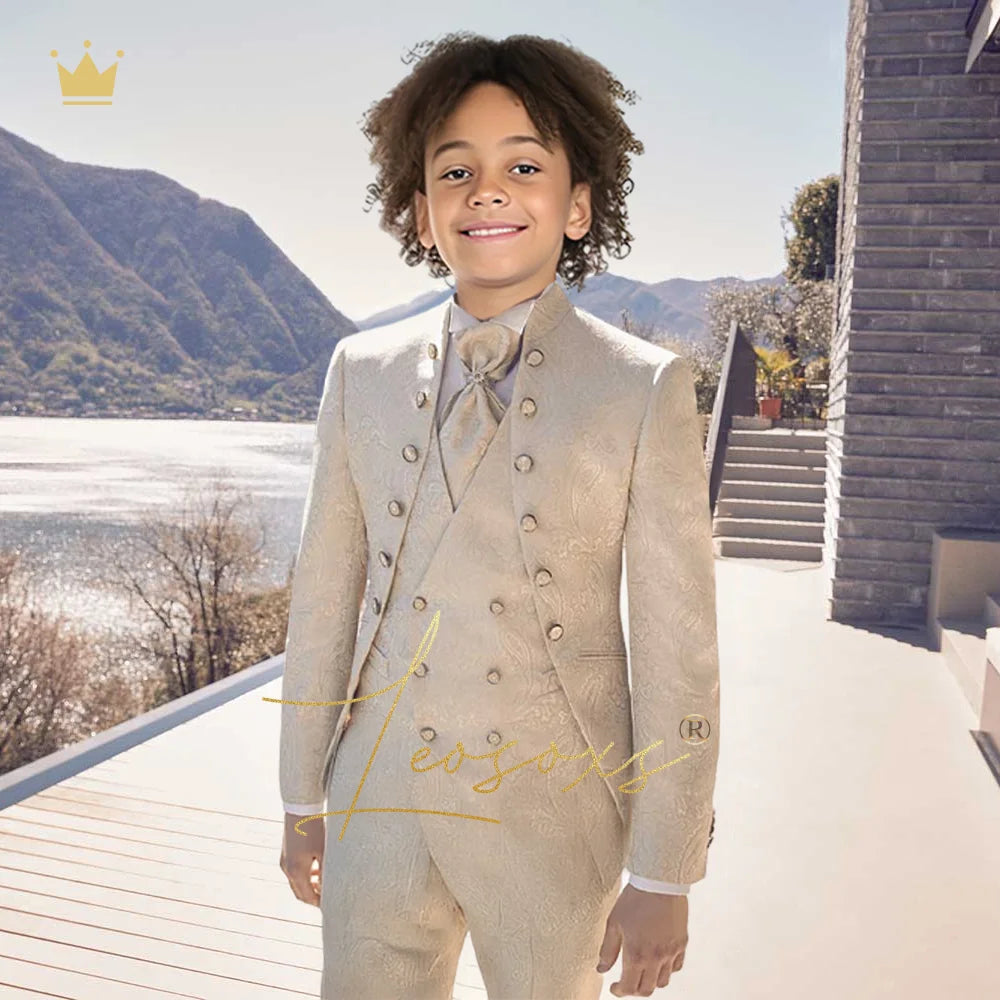 Boys' Jacquard 3-Piece Suit - Custom-made, elegant, vintage, and royal court style, suitable for weddings and banquets.