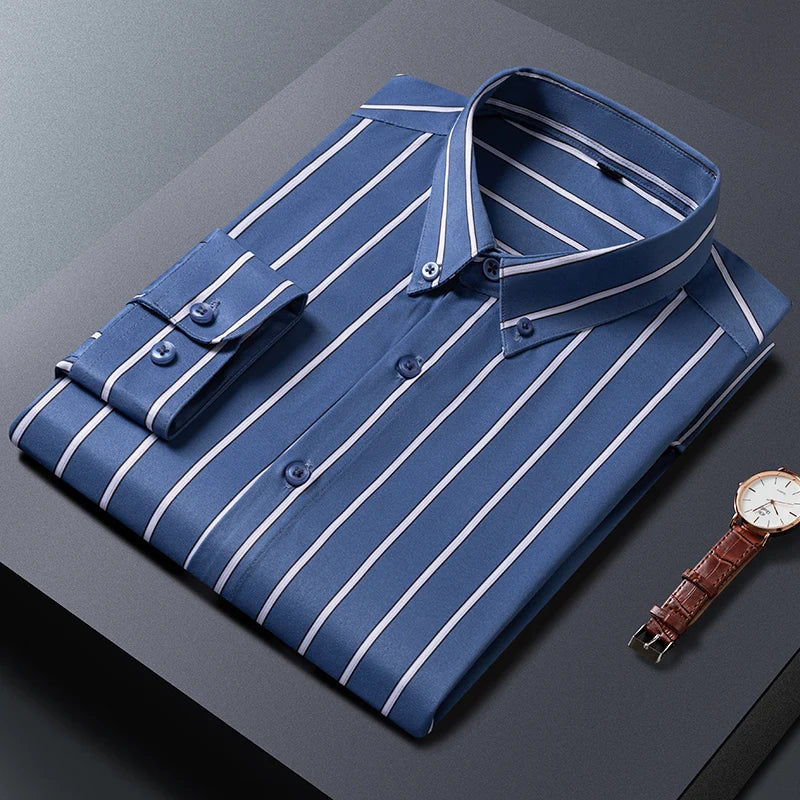 Mens Striped Shirts Korean Fashion Business Formal Wear Long Sleeve Men's Social Shirt Dress Slim Fit Elastic Office Blouse Male