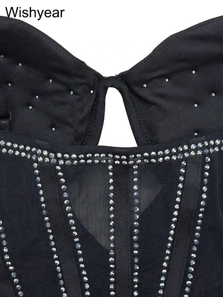 Elegant Evening Birthday Party Dresses for Women Halter Neck Mesh Patchwork Diamonds Rhinestones Prom Club Bodycon Midi Vestidos