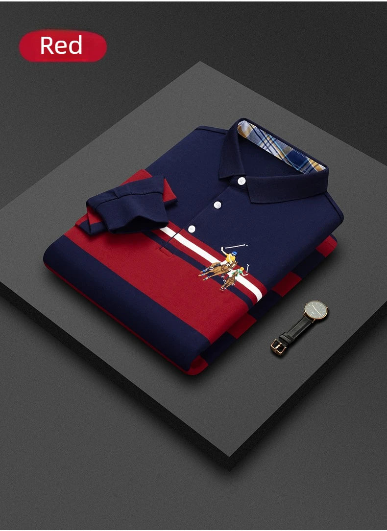Polo Shirt Man Long Sleeve Cotton Casual Striped Polo Shirt Men Fashion Lapel Button Shirt Embroidery High Quality Breathable