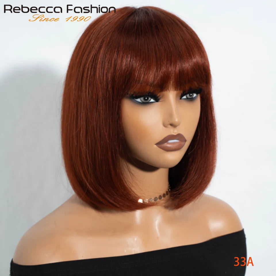 Brazilian Hair Reddish Brown color#33A Short Cut Straight Bob with Bangs 100% Human Hair Bob Wigs Real Scalp Straight Bob Wig