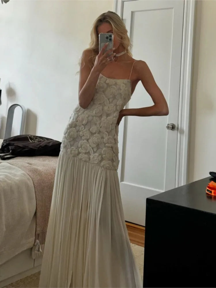 Stereo Flower Slip Dress Patchwork Chiffon Solid Color Rose Halter Robes Waist Cinching Suspender Women Pleated Long Dresses