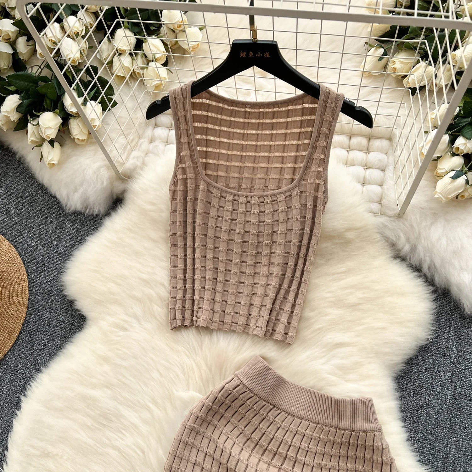 Summer Women Fashion Skirt Set Sexy Sleeveless Tank Tops High Waist Slim Long Saya Female Two Piece Suits Knit Solid Clothes