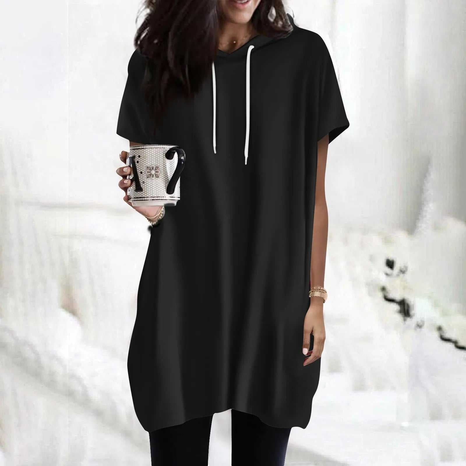 Hoodies Oversized Solid Color Daily Short Sleeve Long Shirts Fashionable Basics Minimalist Comfortable Top Or Dress With Pockets