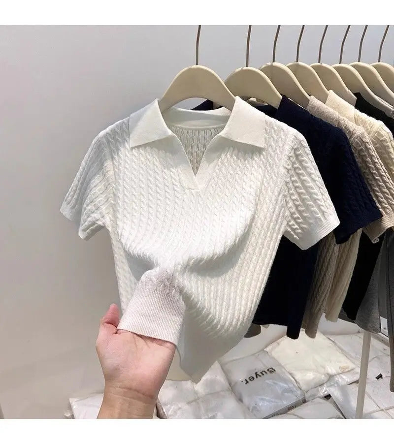 Polo Neck Knit Sweater Women Short Sleeve T-shirt High-end Slim Korean Chic High-end Tops Patchwork Women Clothing Thin Pullover
