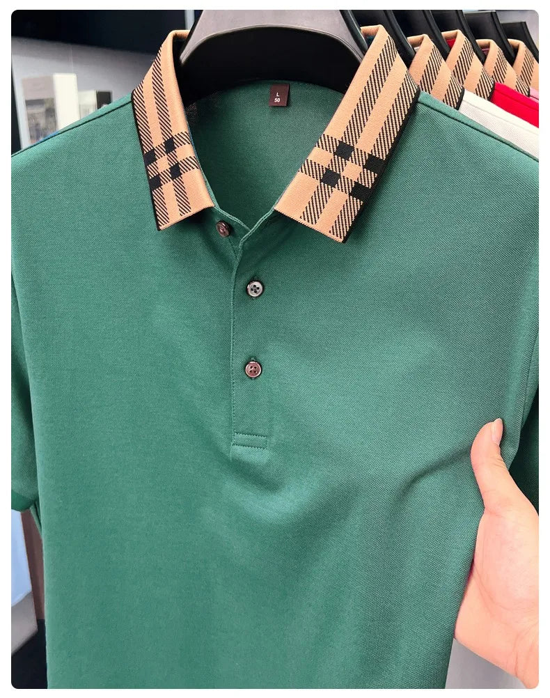 Fashion brand plaid lapel short sleeve polo shirt men summer new style simple solid color high-end business casual golf T-shirt