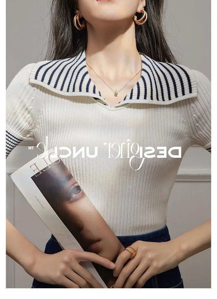 Women's T Shirts Polo Neck Shirt Top Short Sleeve Tee Clothes White Striped Cute Offer Premium With Collar Polyester Sale