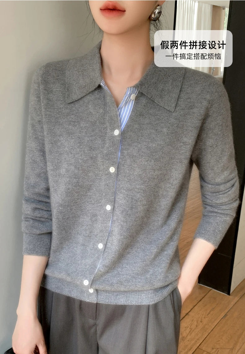 Women's Polo Collar Shirt Cardigan Merino Wool Sweater Long-sleeve Color Bar Clothing Spring Autumn Warm Knitwear Female Top
