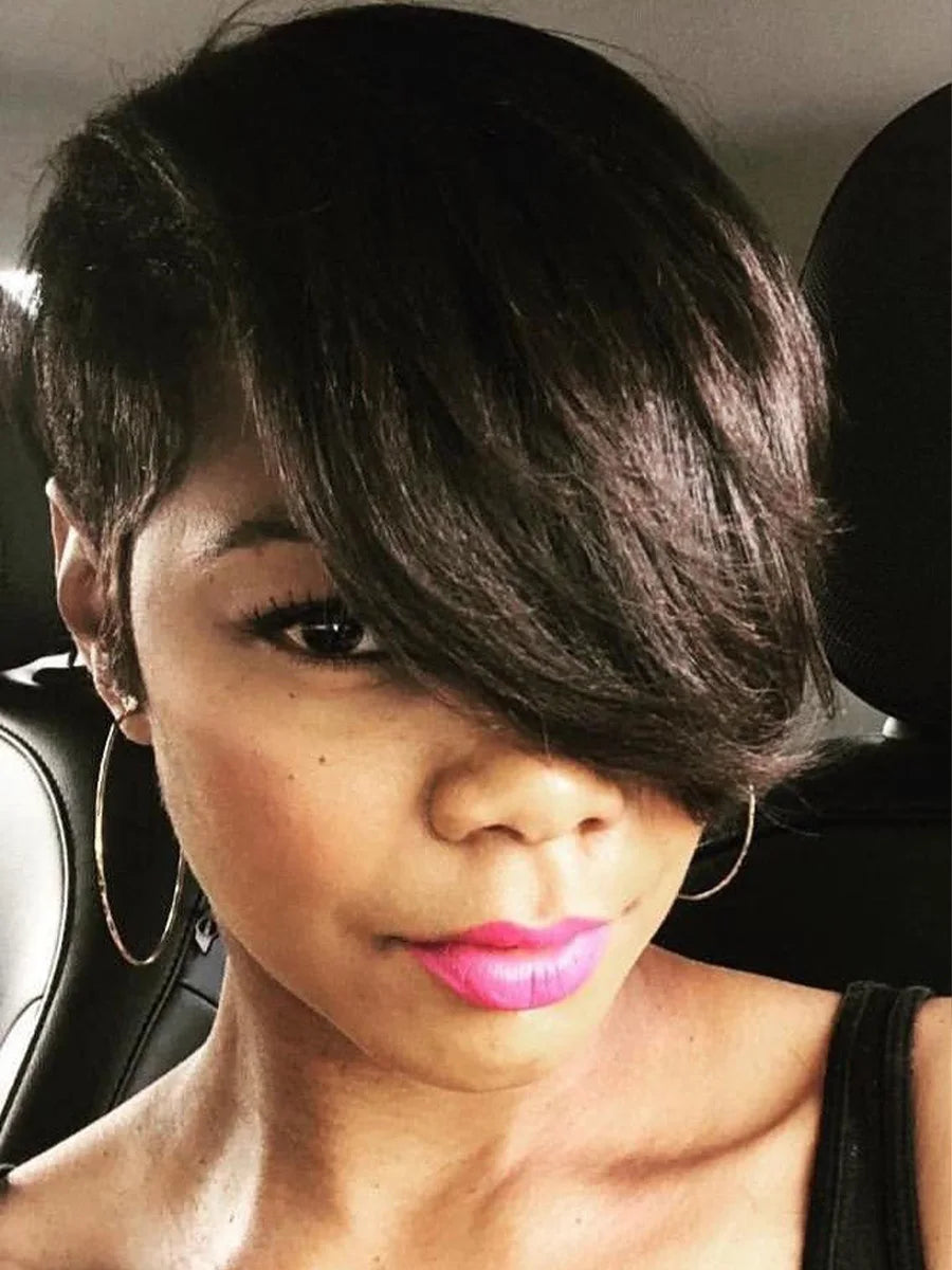 Human Hair Short Pixie Cut Wig Layered Pixie Cut Wig Pixie Cut With Long Side Bangs Full Machine Made Cap For Black Women