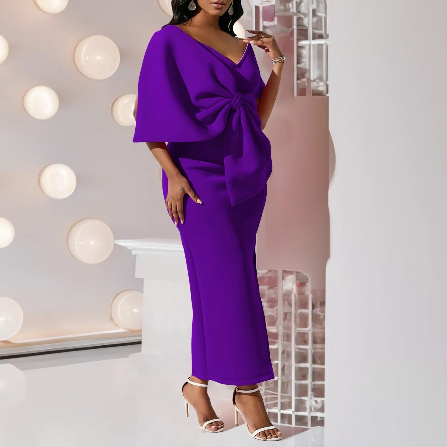 Elegant Party Dresses for Woman 2024 New V Neck Short Sleeve Big Bow Decorate Sheath Side Split Ankle Length Luxury Party Dress