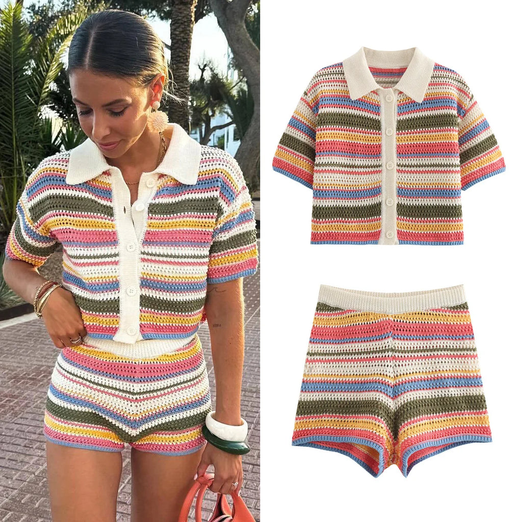 2025 Spring New POLO Shirt Collar Knitted Top Shorts Set