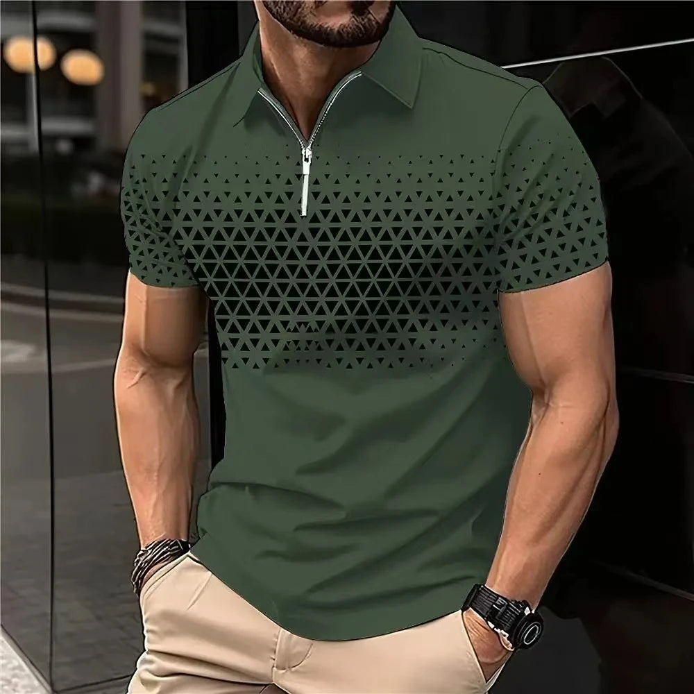 Men'S Polo Shirt Plaid Print Zip Polo T-Shirt Summer Short Sleeve Daily Casual Golf Shirt High Quality Tops Fashion Men Clothing