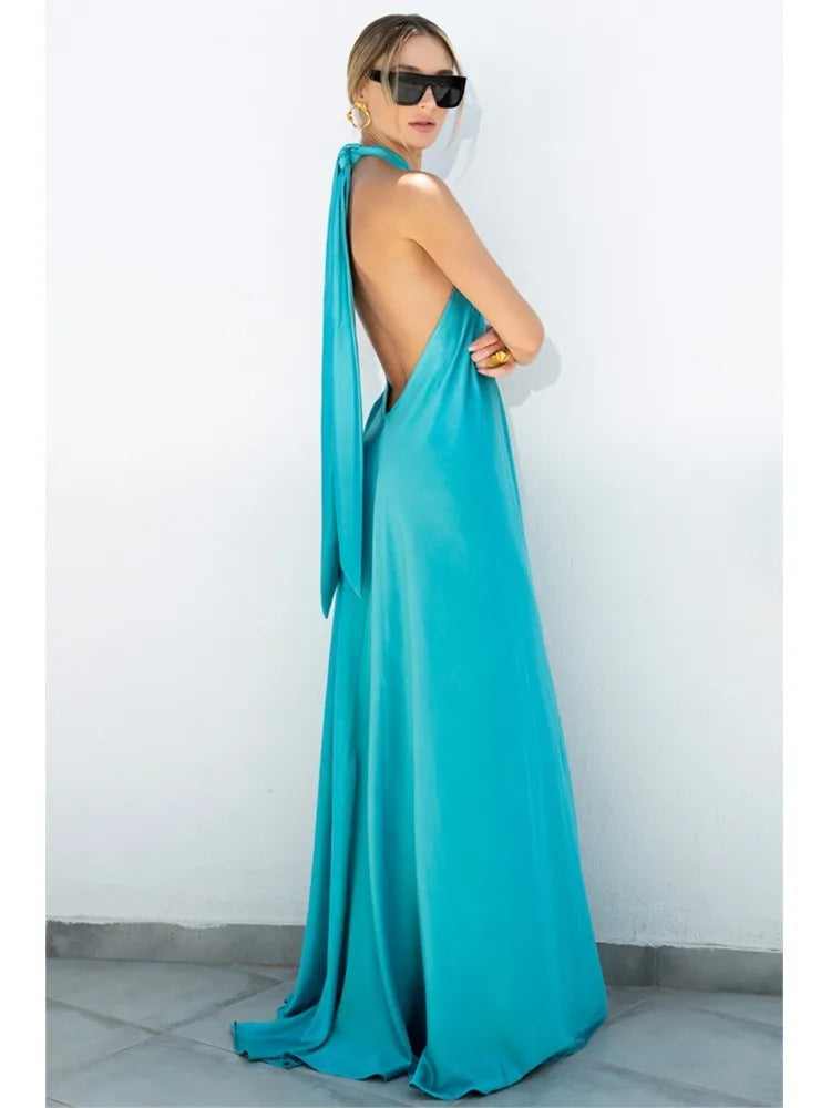 Party Dresses For Women Loose Halter Neck Leace-up Backless Sexy Satin Evening Dress A-line Summer New Fashion Elegant Vacation
