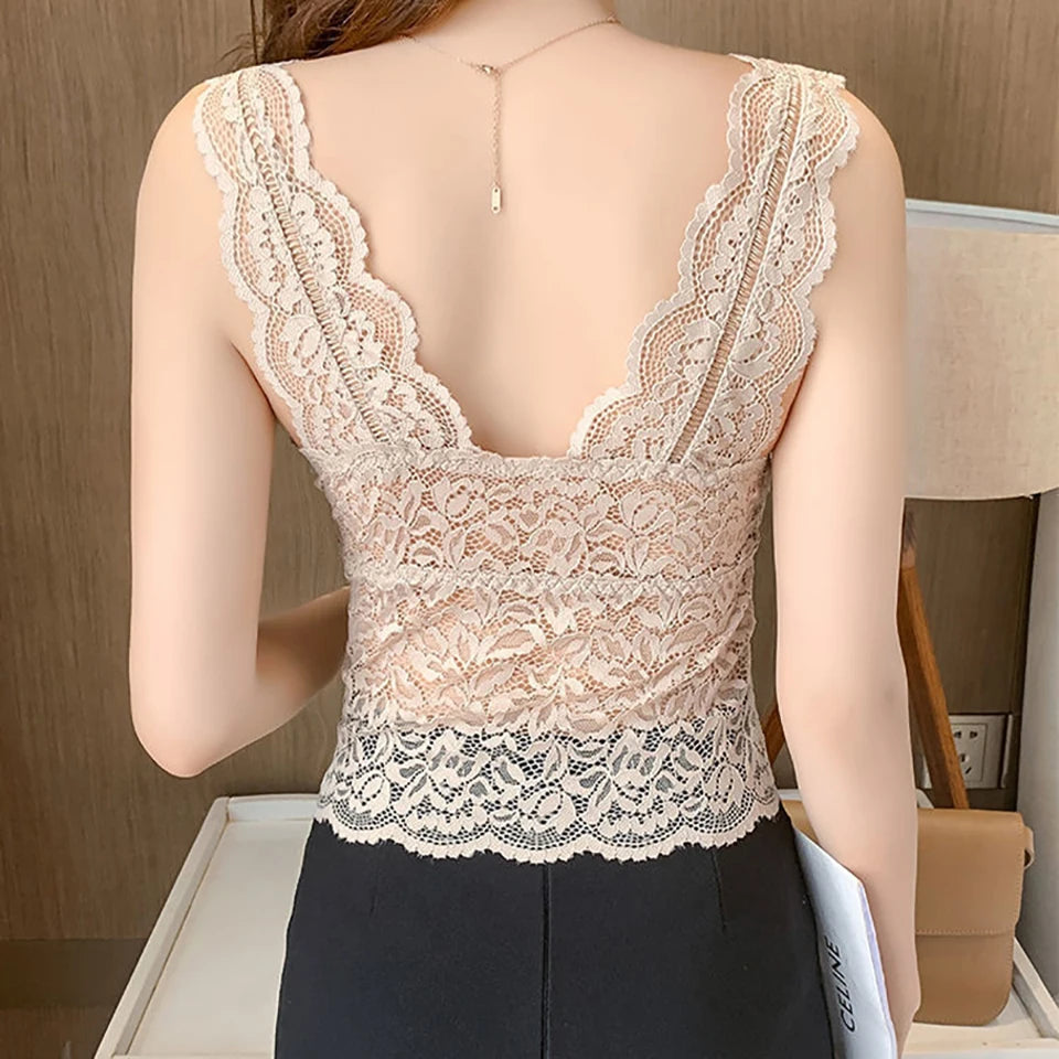 Summer Sexy Deep V Lace Vest With Breast PadsEmbroidery Floral Tank Top Wrapped Chest Camisole Padded Crop Tank Top For Women
