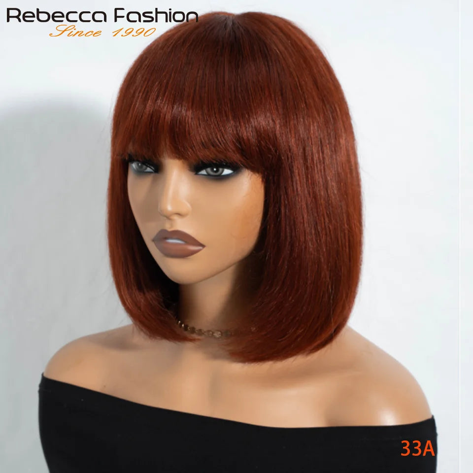Brazilian Hair Reddish Brown color#33A Short Cut Straight Bob with Bangs 100% Human Hair Bob Wigs Real Scalp Straight Bob Wig