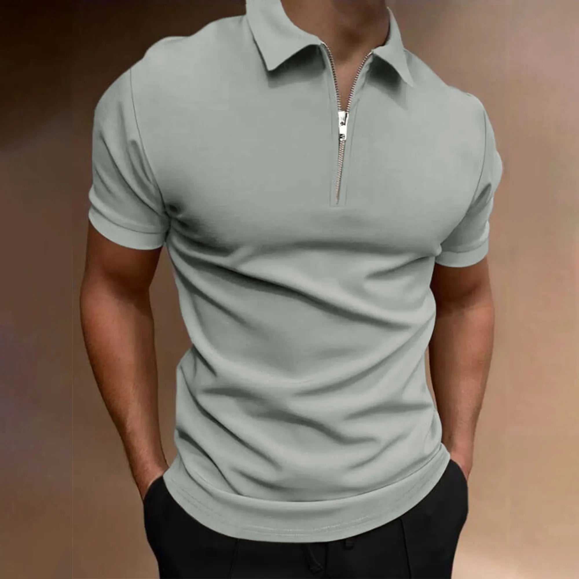 Men's polo shirt solid color short-sleeved zipper lapel T-shirt casual top
