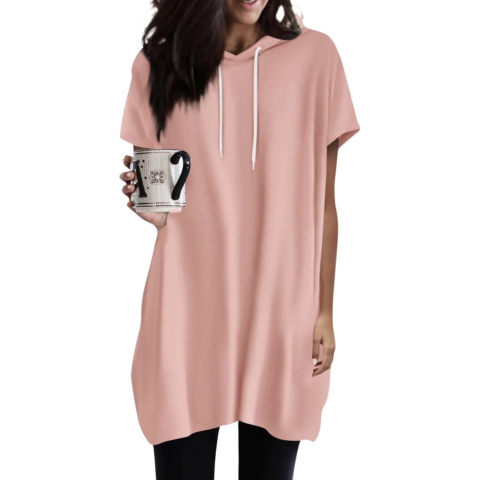 Hoodies Oversized Solid Color Daily Short Sleeve Long Shirts Fashionable Basics Minimalist Comfortable Top Or Dress With Pockets