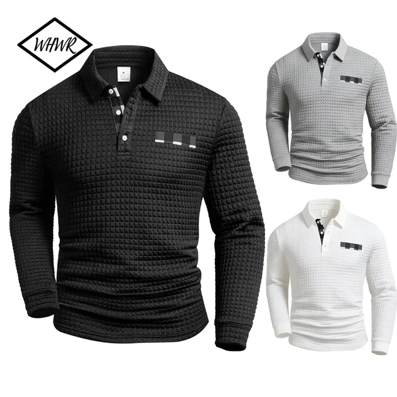 Men's Polo Shirts Square Plaid Texture Fabric Solid Color Mens Long Sleeve Tops Button Checkered Patchwork Henley Collar