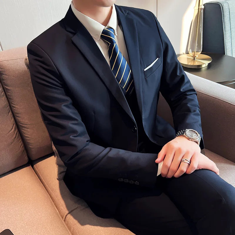 High quality fashion business casual (suit + vest + trousers) British style European and American wedding dress three-piece set
