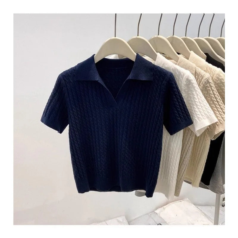 Polo Neck Knit Sweater Women Short Sleeve T-shirt High-end Slim Korean Chic High-end Tops Patchwork Women Clothing Thin Pullover