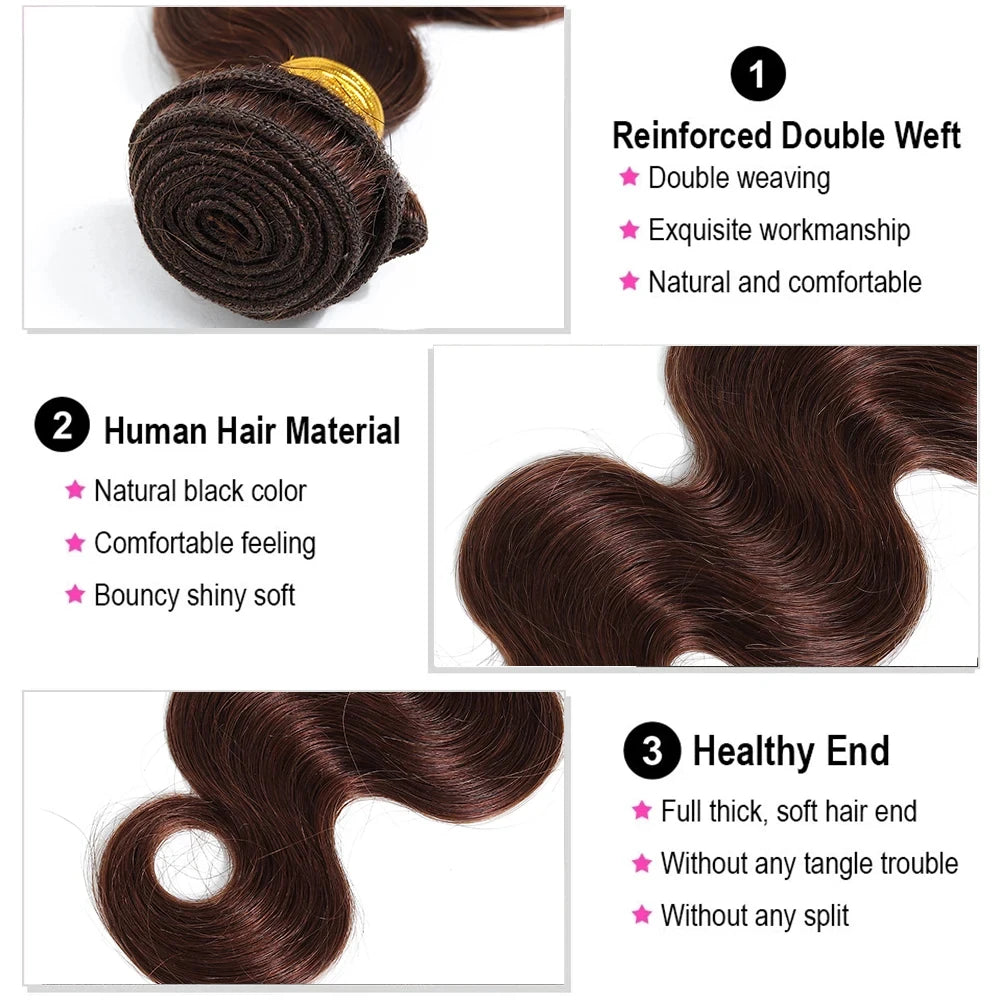 #4 Dark Brown Body Wave Bundles 1/3PCS Human Hair Bundles 18-30 Inches Remy Hair Extensions For Women Brazilian Double Weft Draw