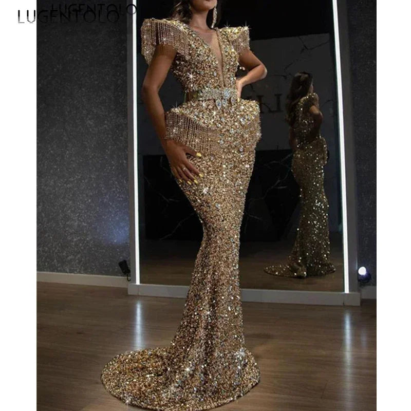 Party Dress Women Spring Autumn Sexy Tassel Sequin Sleeveless O-neck Slim Banquet Dinner Ladies Long Cloth Lugentolo
