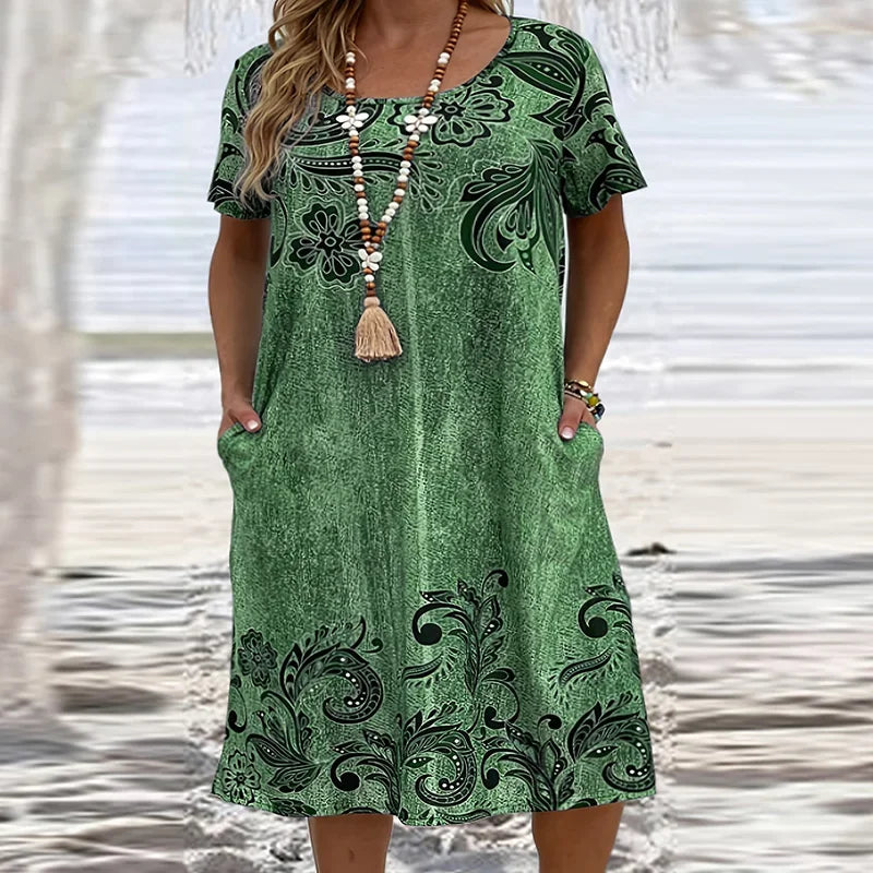 2024 Plus Size Dresses For Women Summer Loose O Neck Vintage Printed Pocket Midi Dress Women Casual Party Dress XL-6XL