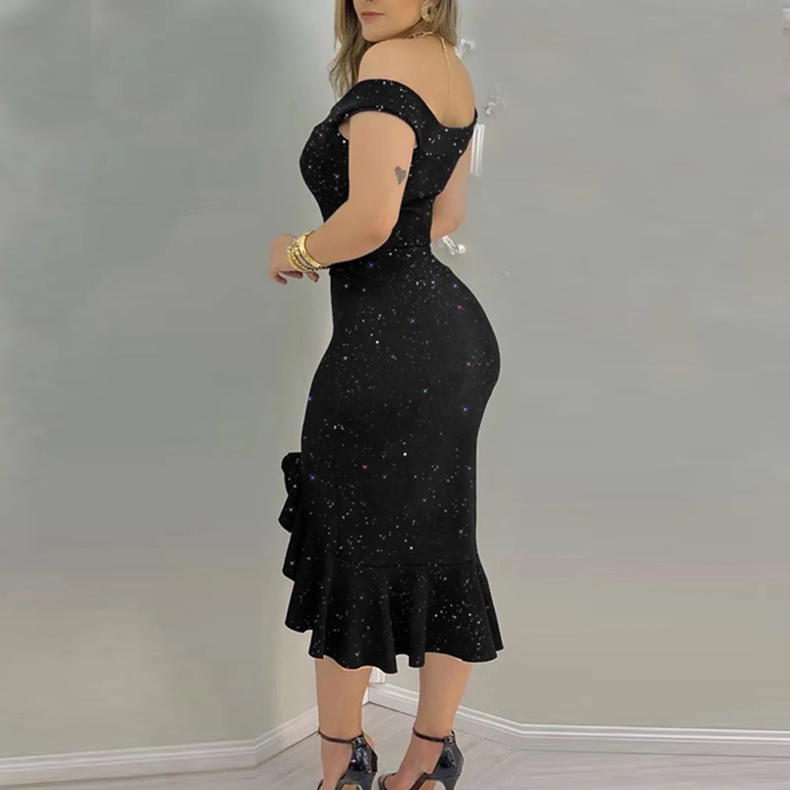 Women's Party Dress Sexy Off Shoulder Split Ruffle Solid Bodycon Knee-length Dress Fashion Glitter Party Elegant Dresses Vestido